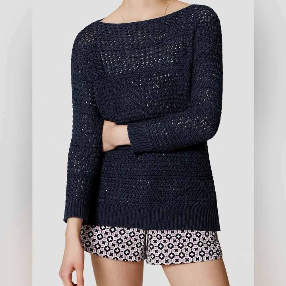 LOFT Navy Textured Open Stitch Knit Pullover Sweater | Size XS